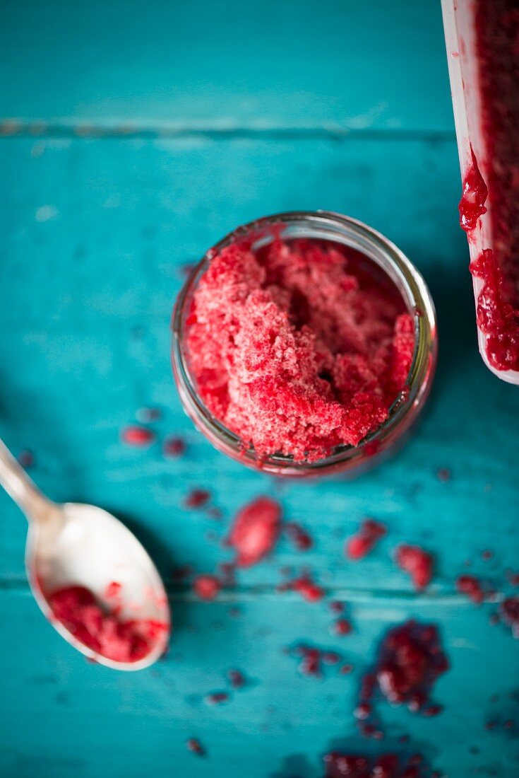 Berry granita in a bowl and spoon
