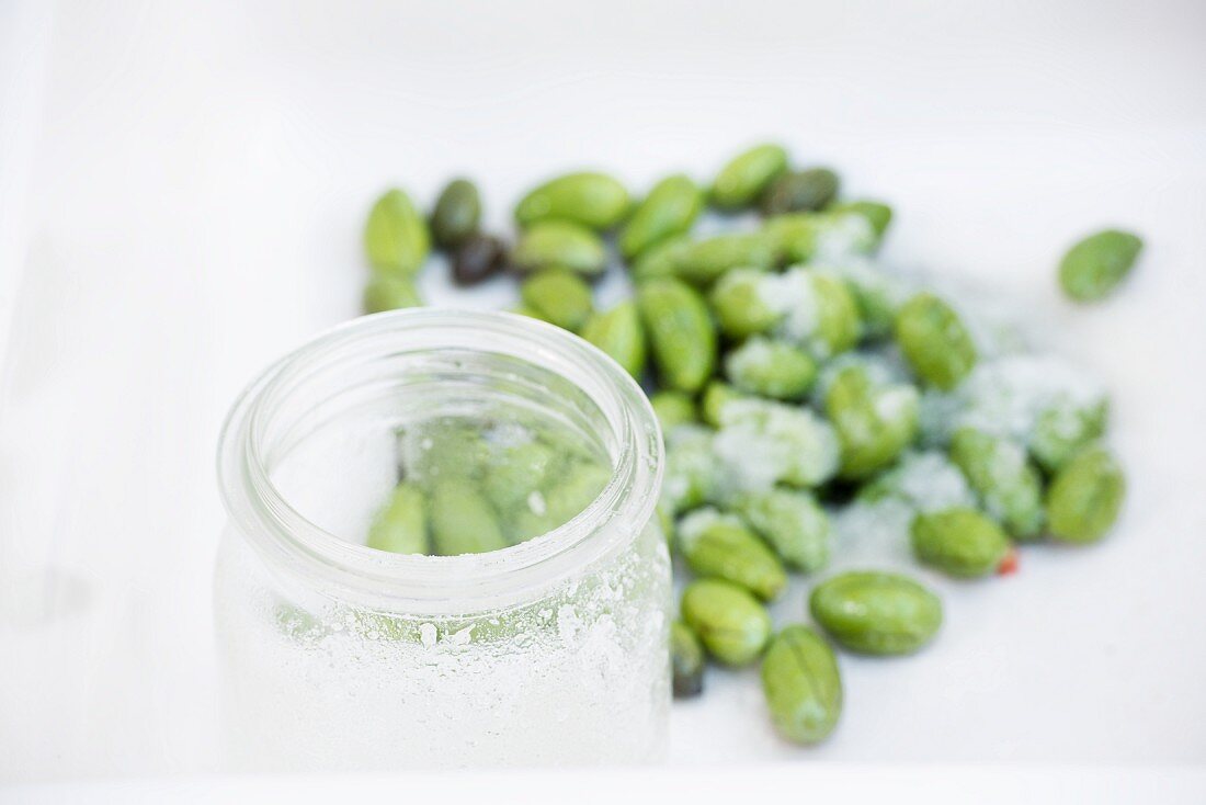 Oliven in Salz einlegen