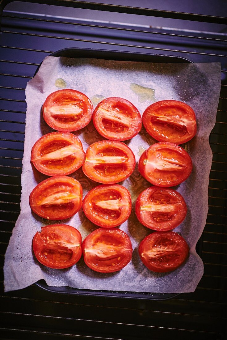Tomatoes being dried in the oven