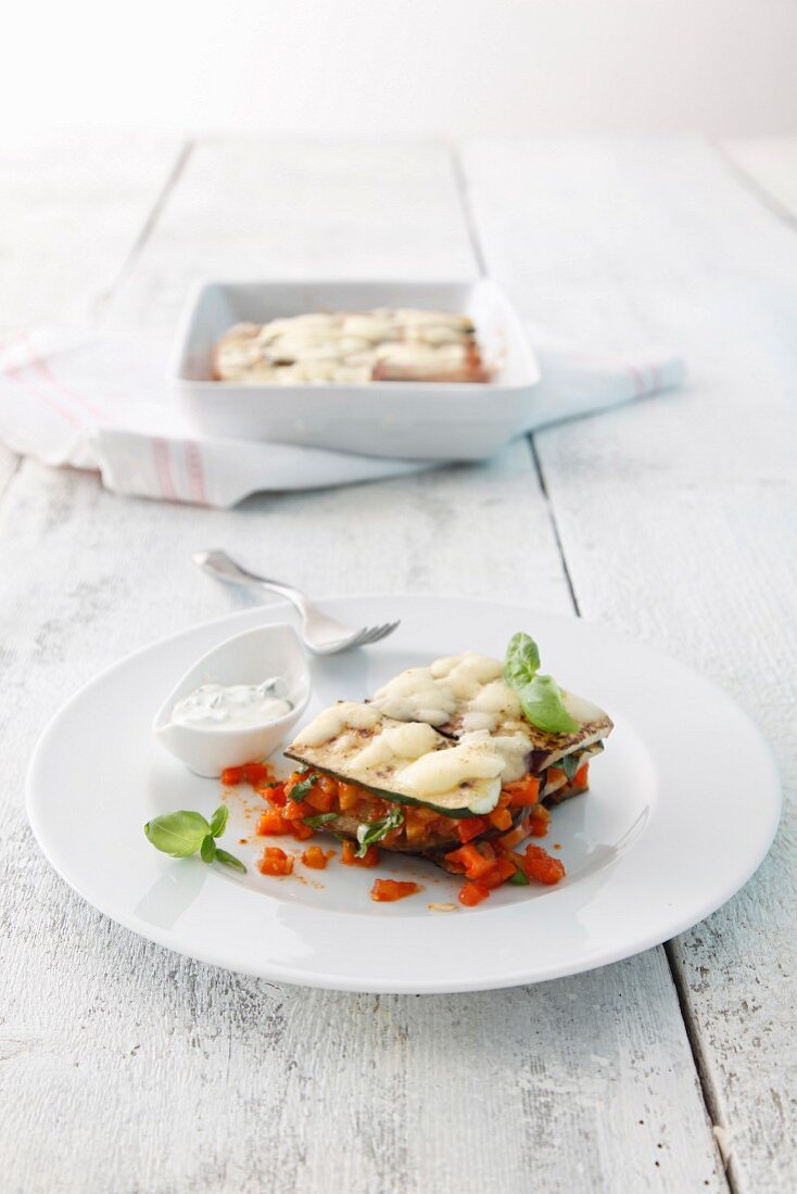 Vegetable lasagne with a basil dip