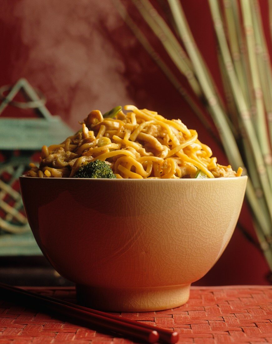 Lo Mein (Chinese noodle dish) with chicken and vegetables