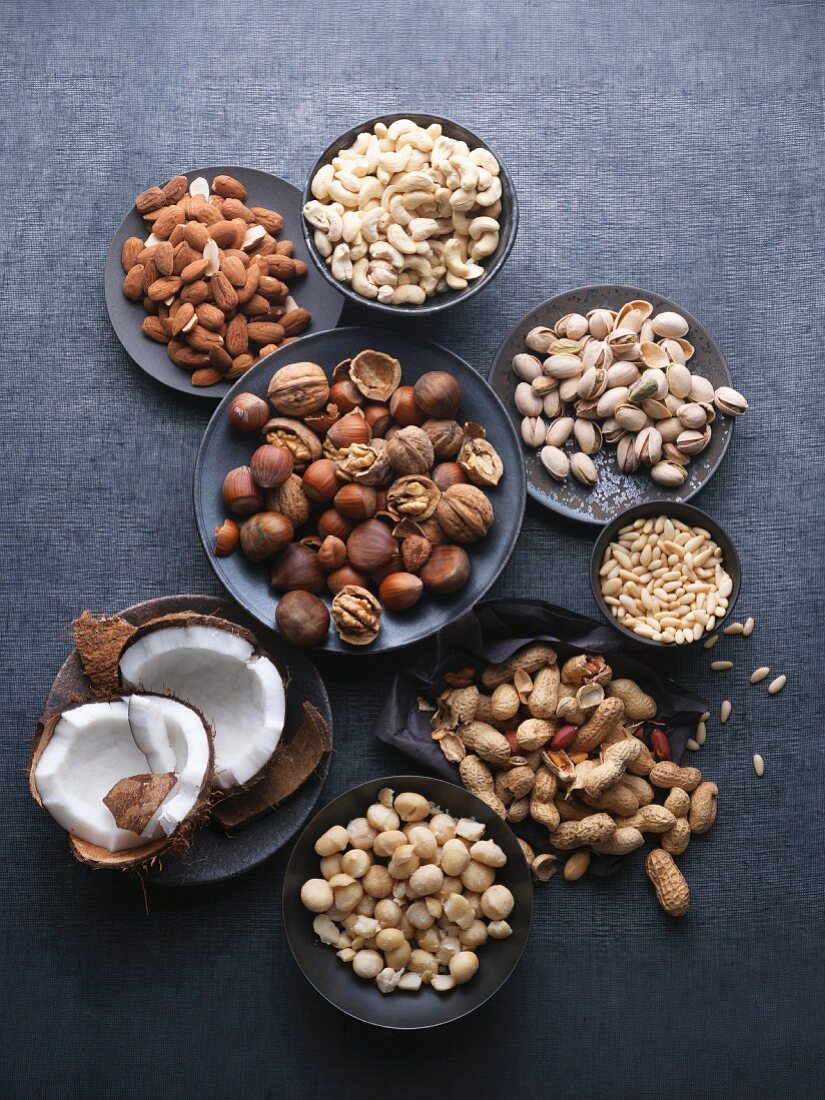 An arrangement of various nuts and seeds