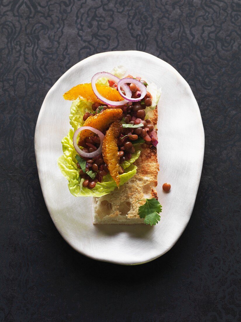 Veganer Berglinsen-Salat mit roten Zwiebeln und Orangenfilets