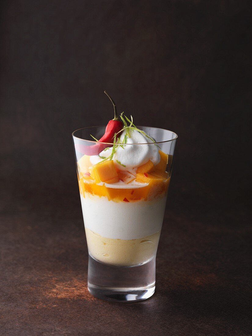 Mango-Joghurt-Mousse mit Mango- Chili-Salsa & Joghurt-Espuma