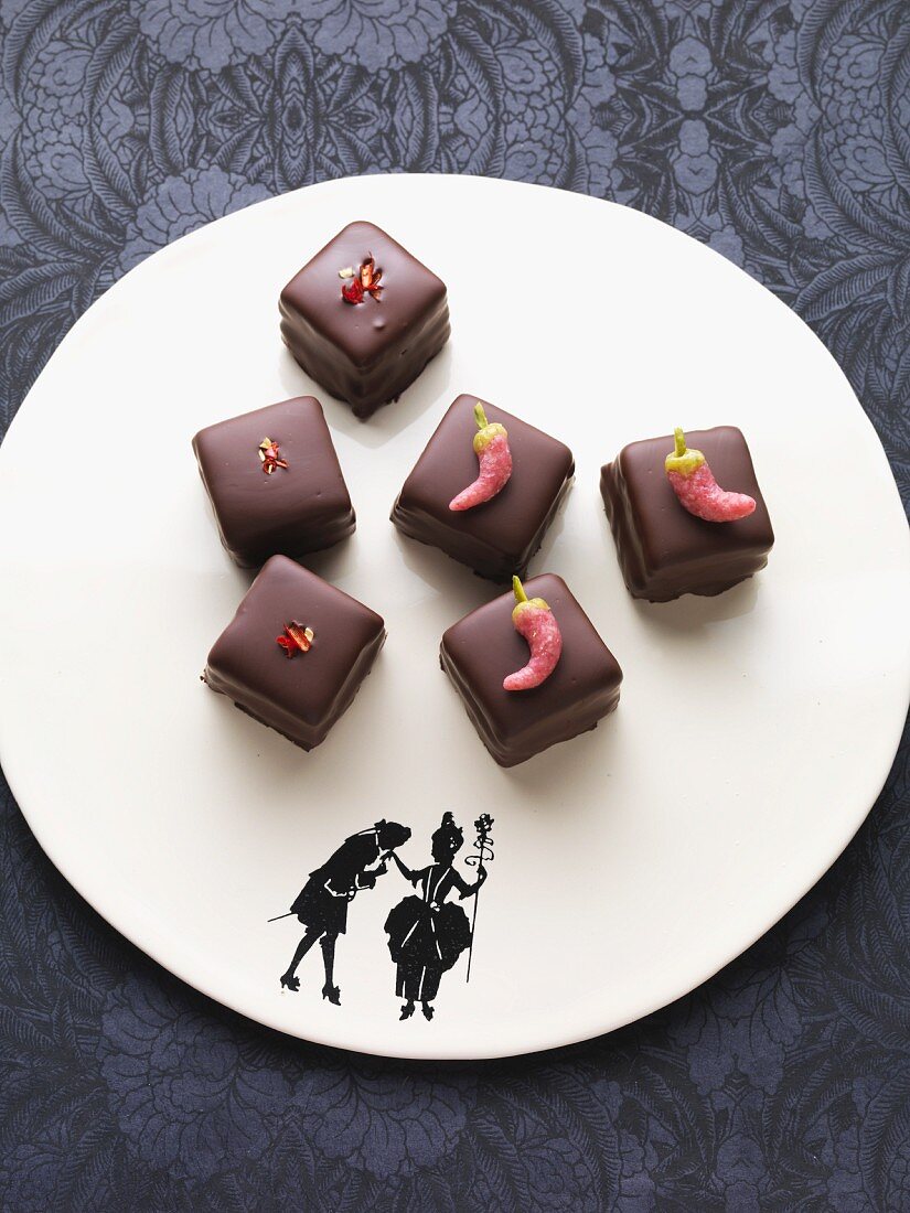 Spicy Dominosteine (chocolate covered sweets with marzipan and gingerbread) with chilli