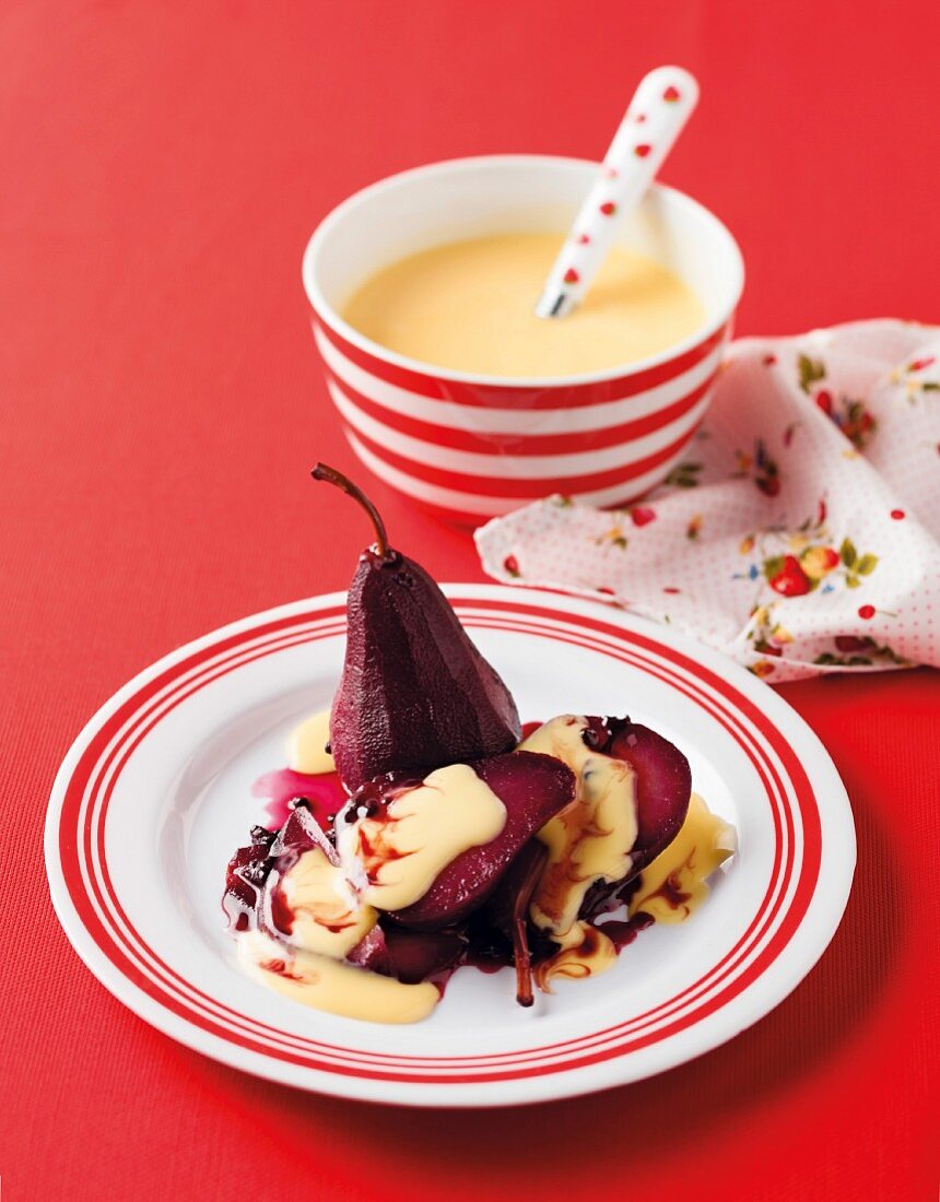 Red wine pears with vanilla sauce