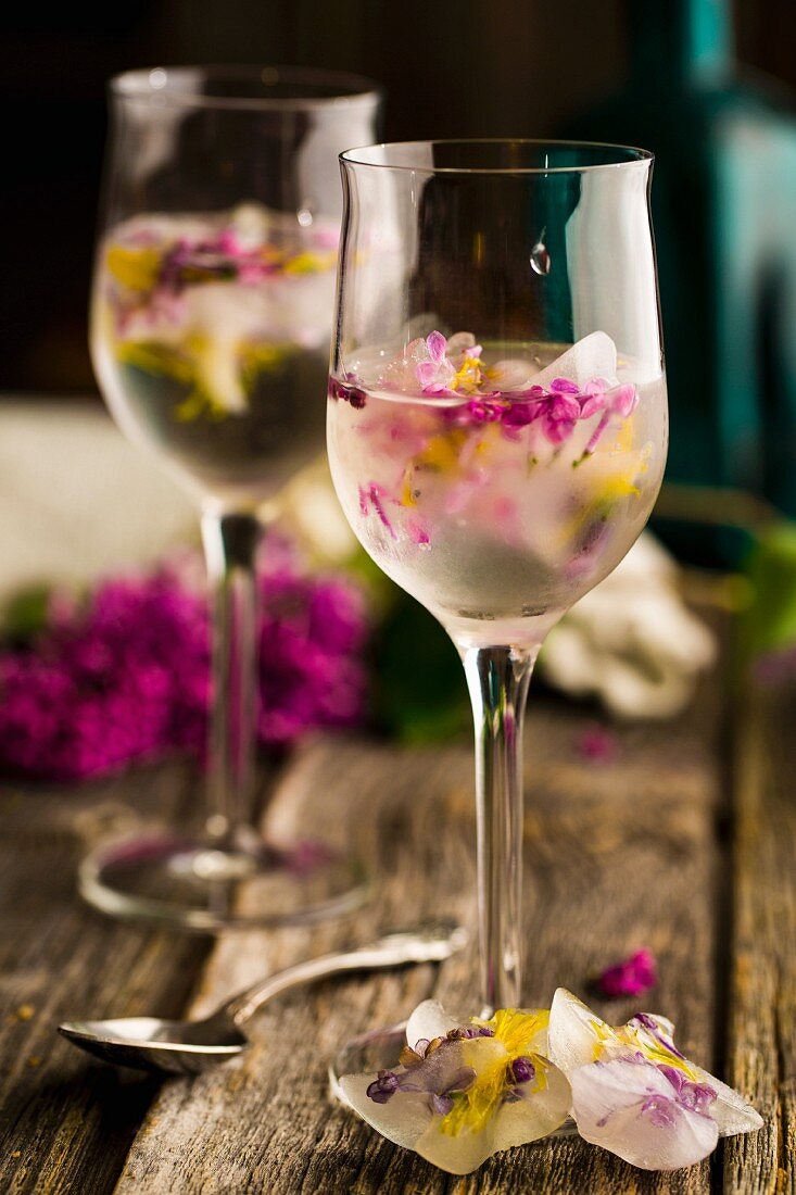 Ice cubes with lilac flowers and dandelion flowers in drinks in stemmed glasses