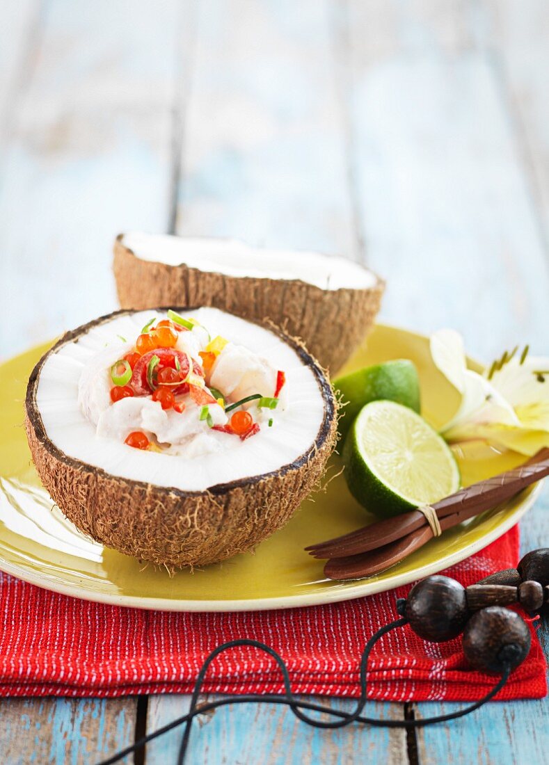 Stuffed coconut with fish and caviar