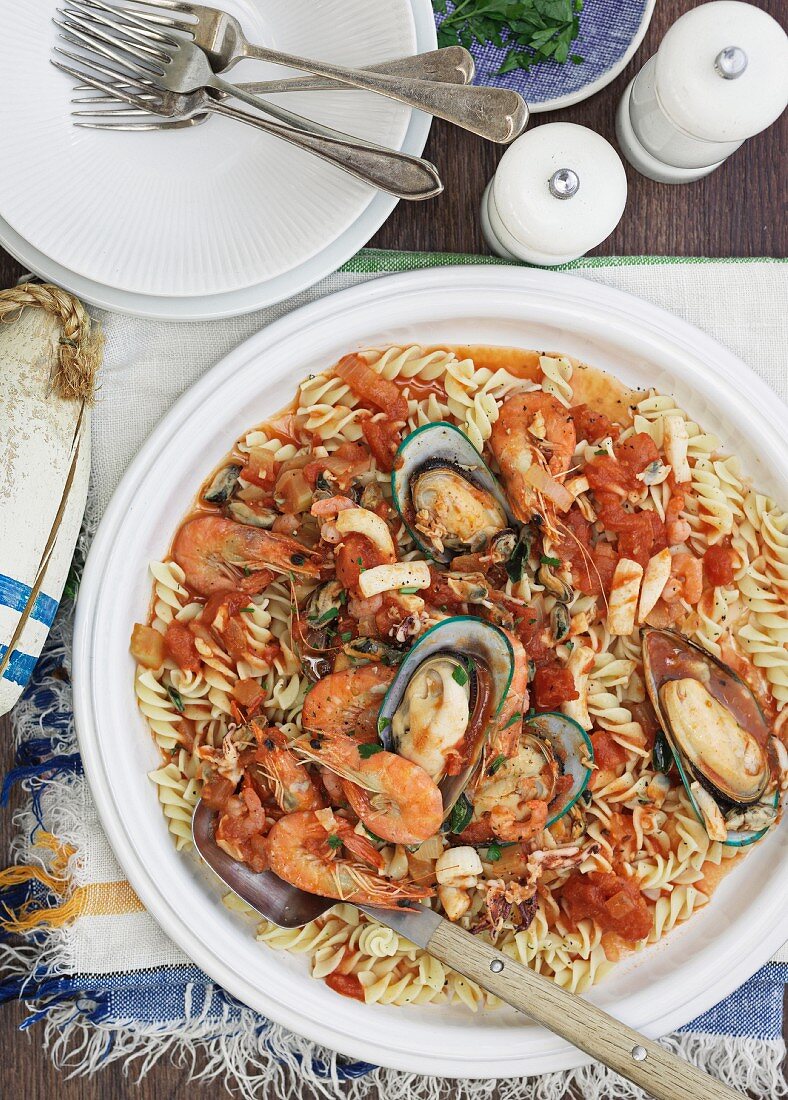 Fusilli marinara with seafood