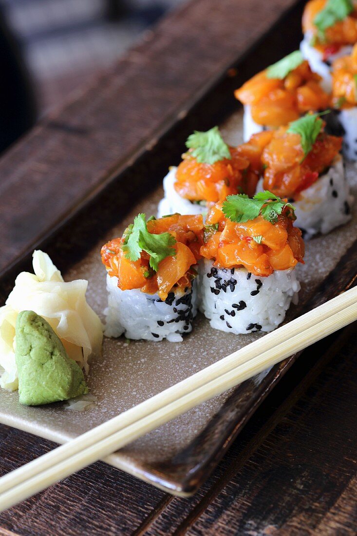 Salmon rolls with ginger and wasabi