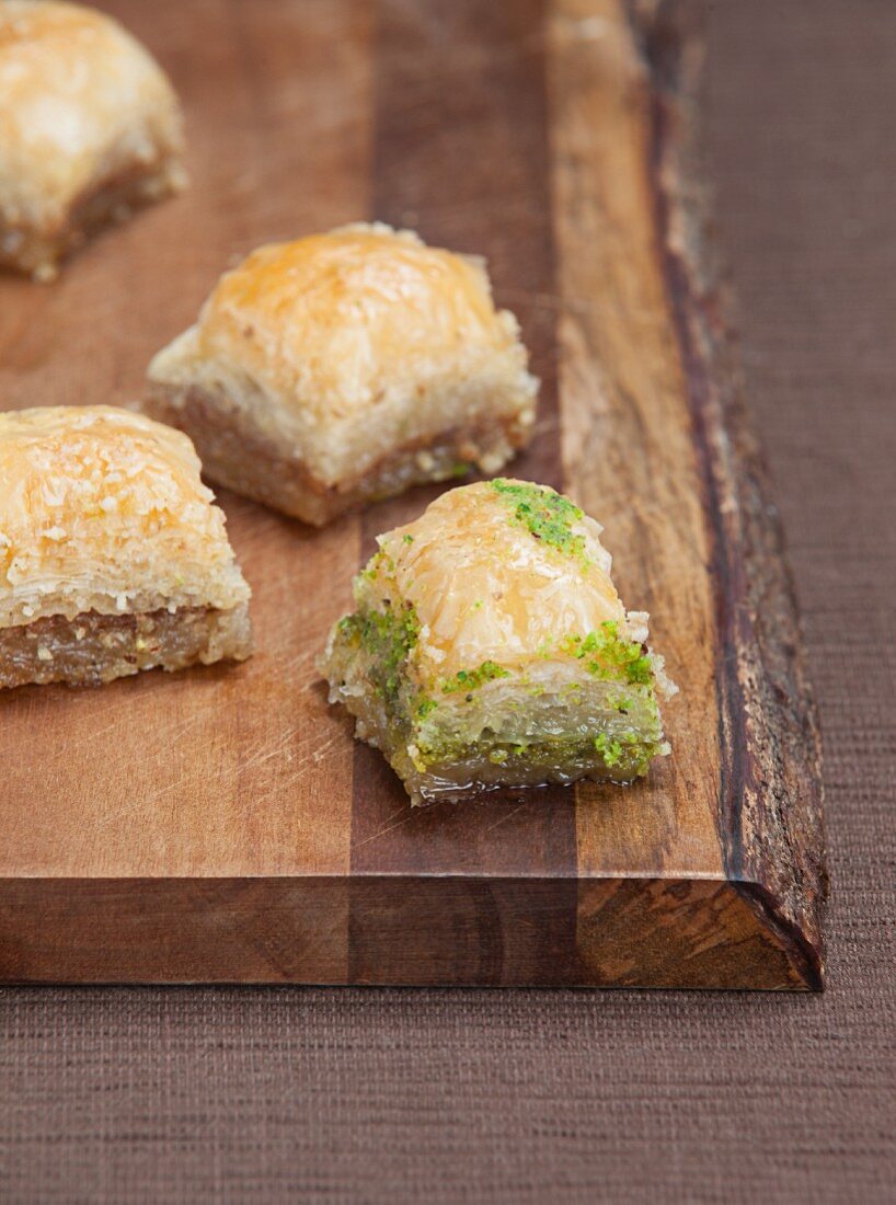 Baklava on a wooden board (close-up)