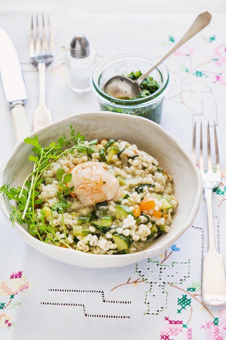Barley with watercress and scallops