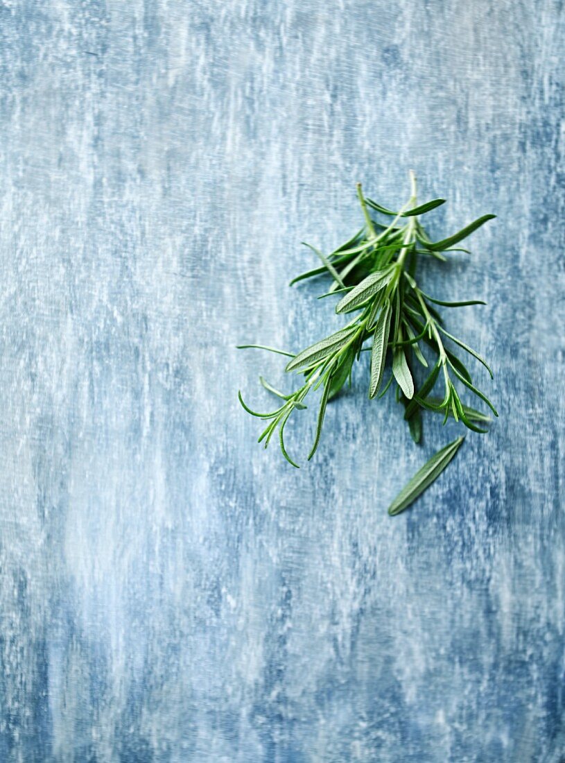 Fresh rosemary on a painted wooden surface