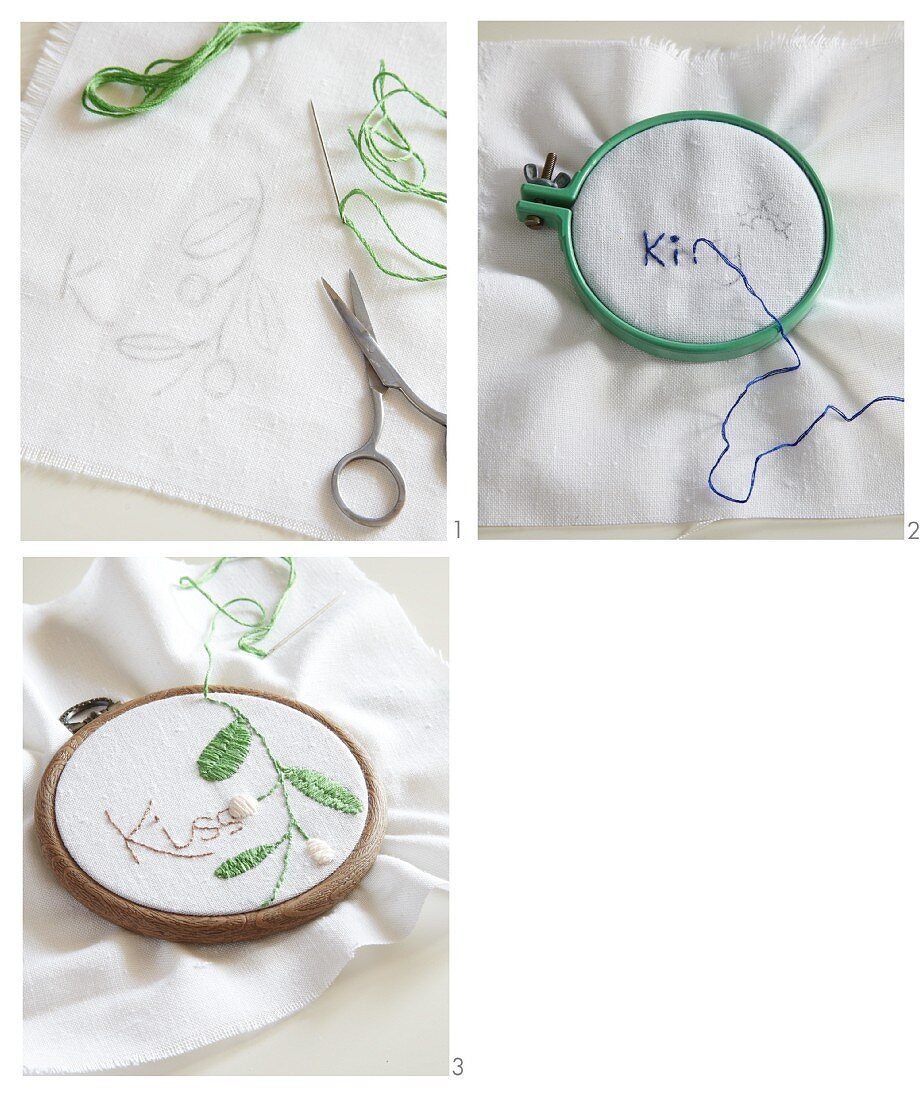 Embroidering white fabric clamped in an embroidery hoop