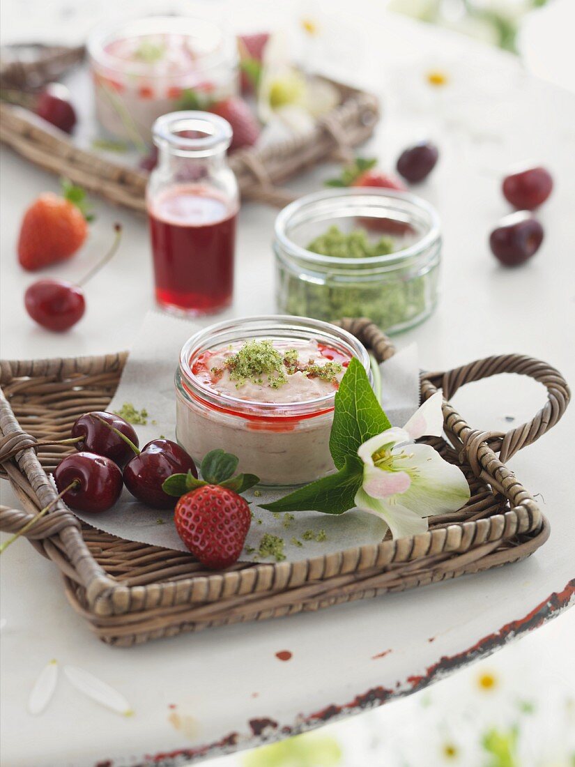 Yoghurt mousse with strawberries and cherries