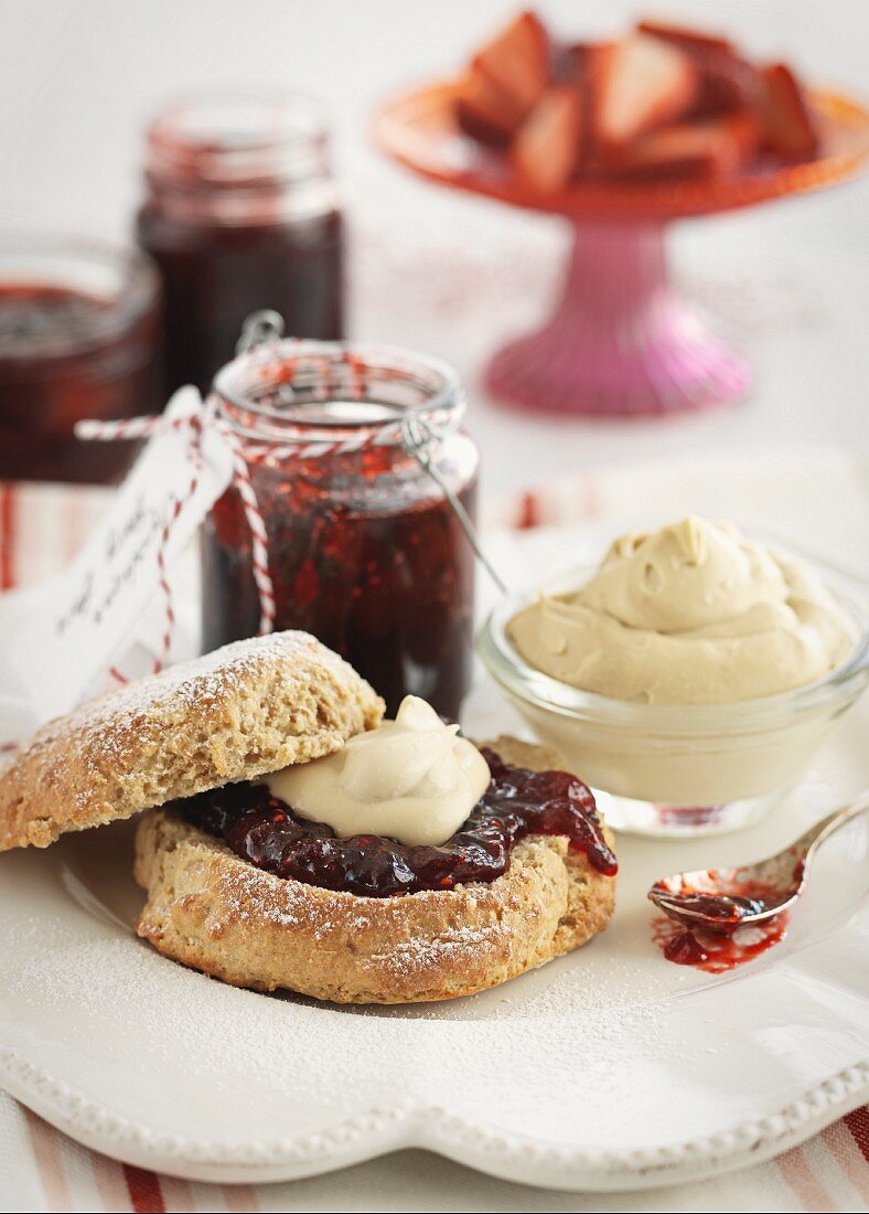 A scone with berry jam