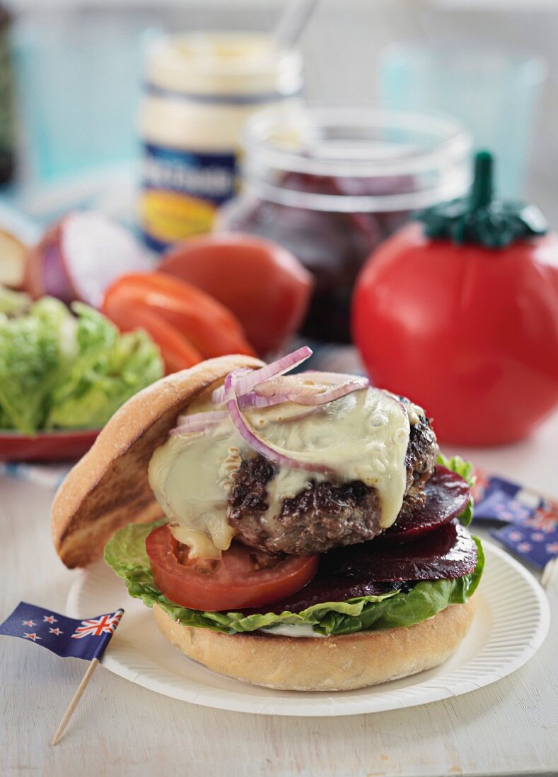 Cheeseburger with tomatoes and beetroot