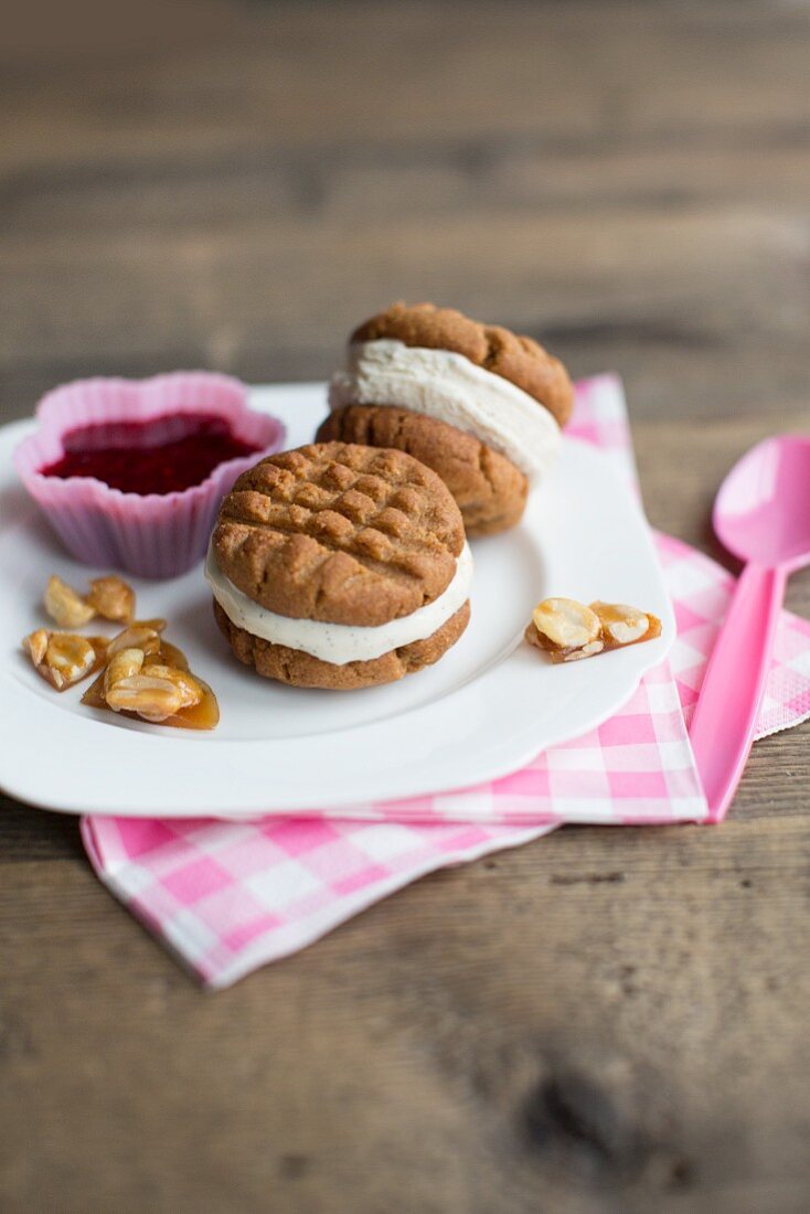 Peanut butter ice cream sandwiches with red berry sauce and peanut brittle