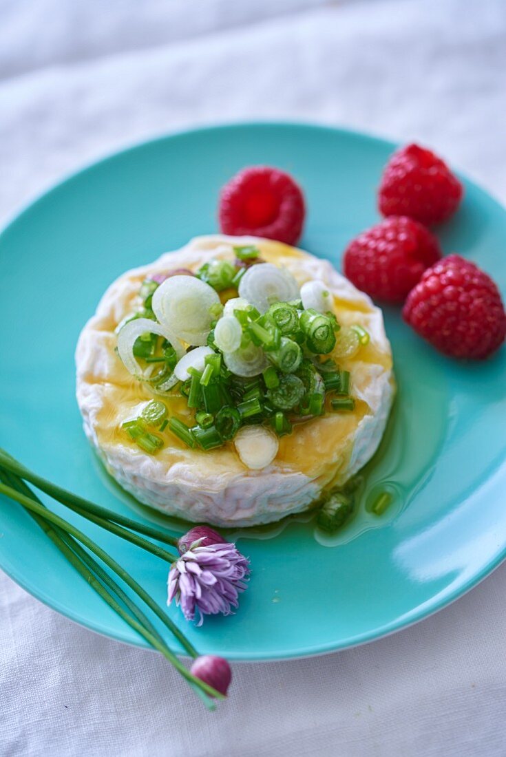 Saint-Marcellin cheese with spring onions, chives and raspberries