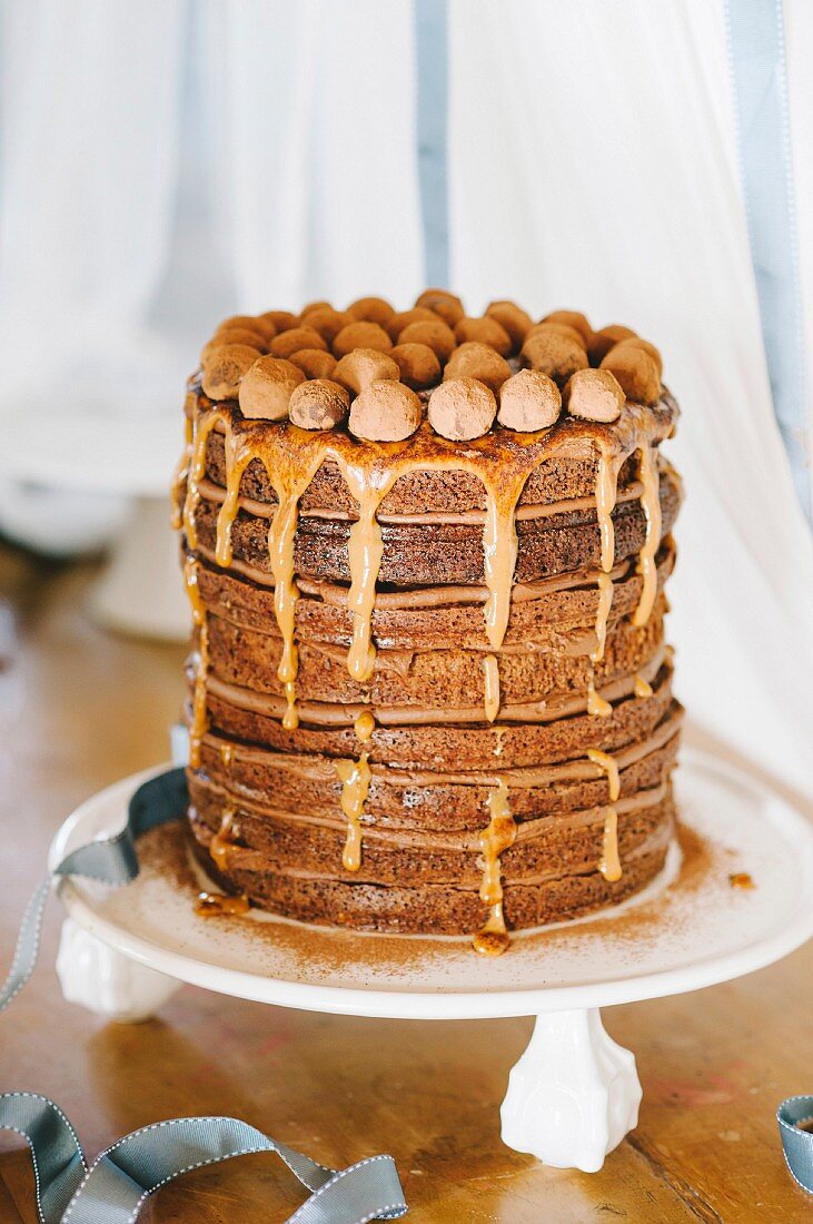 Mississippi mud cake with caramel sauce and chocolate truffles