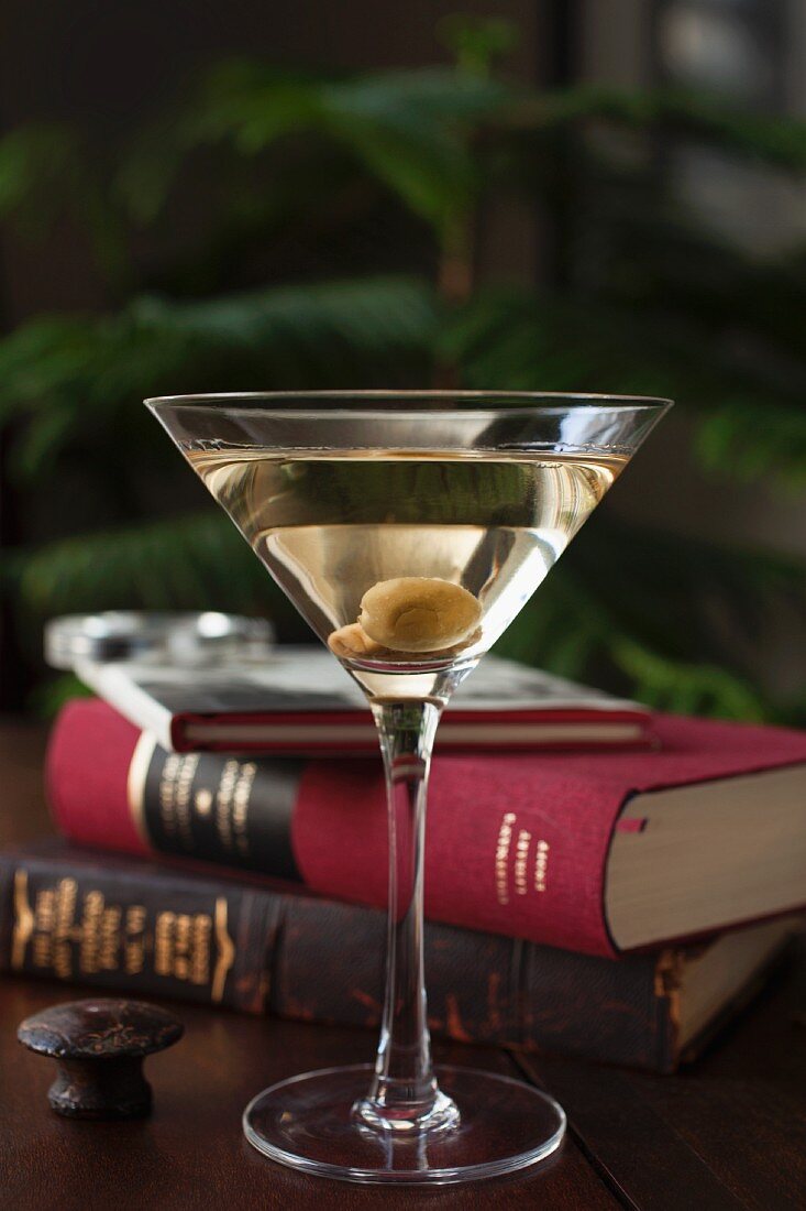 Dry Martini mit Oliven und klassischen Büchern im Herrenzimmer