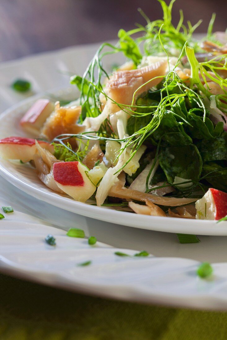 Spinatsalat mit Apfel, Fenchel, Räucherforelle und Joghurtdressing