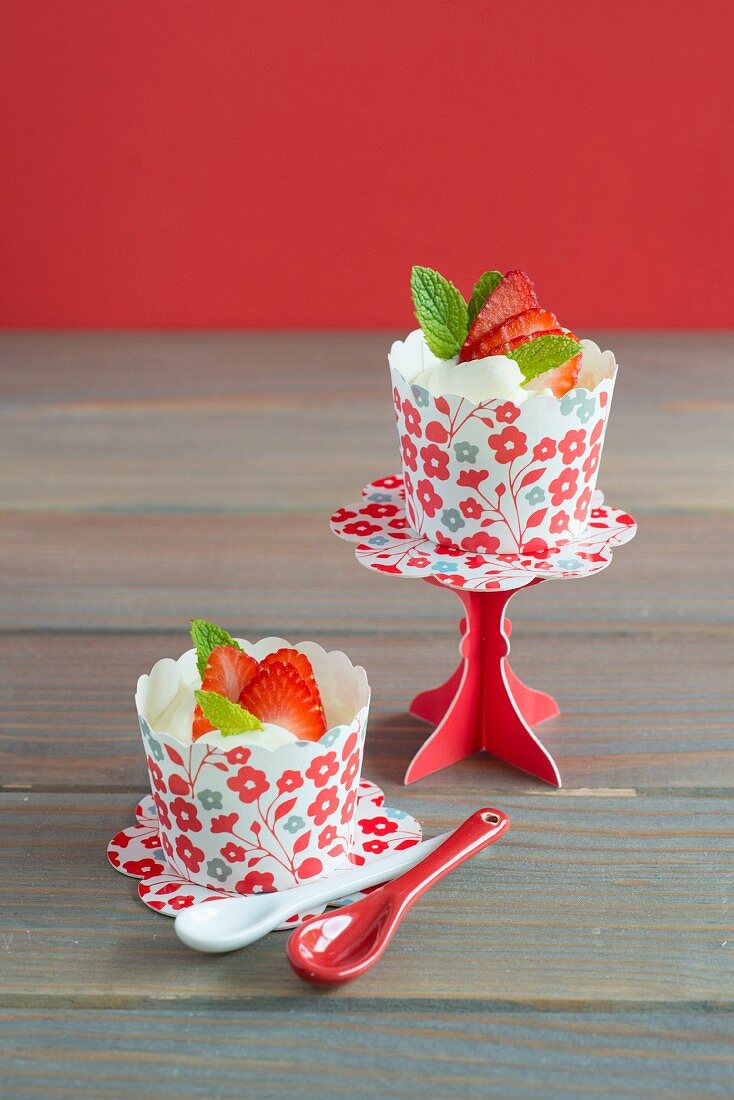 White chocolate mousse with strawberries and mint