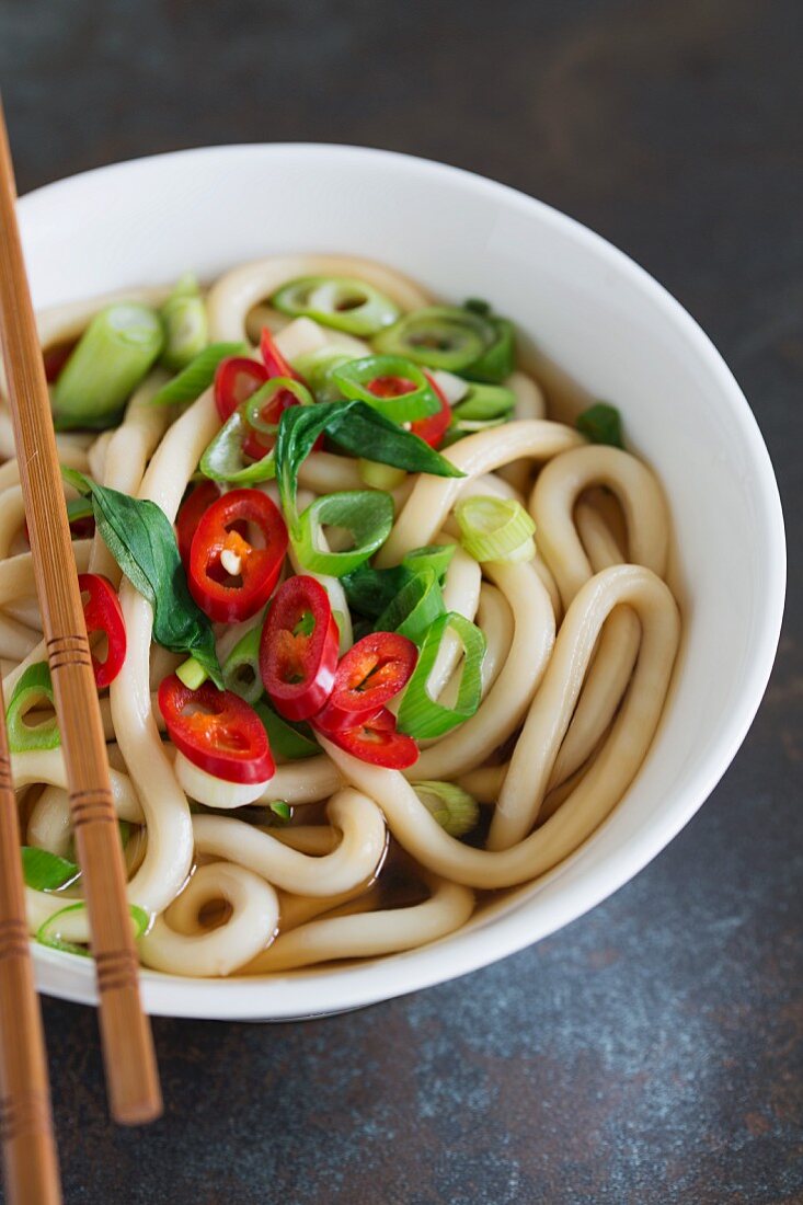 Udon noodle soup with spring onions and chilli rings (Japan)