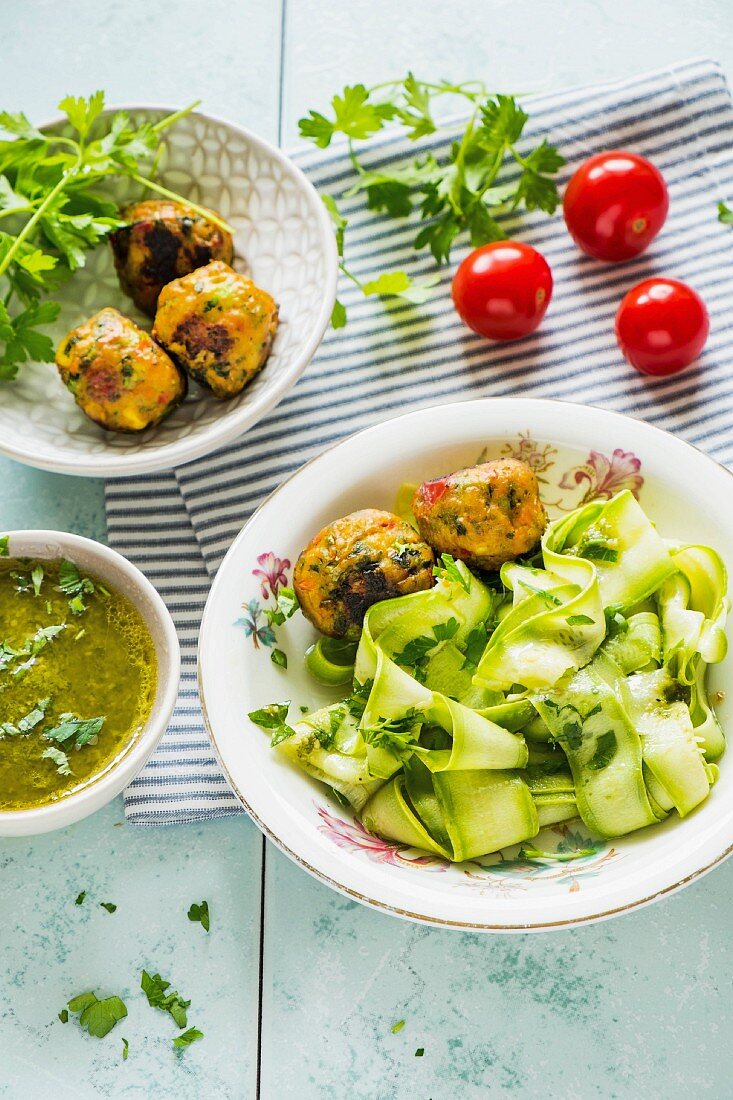 Marinated courgette pasta with vegetarian dumplings