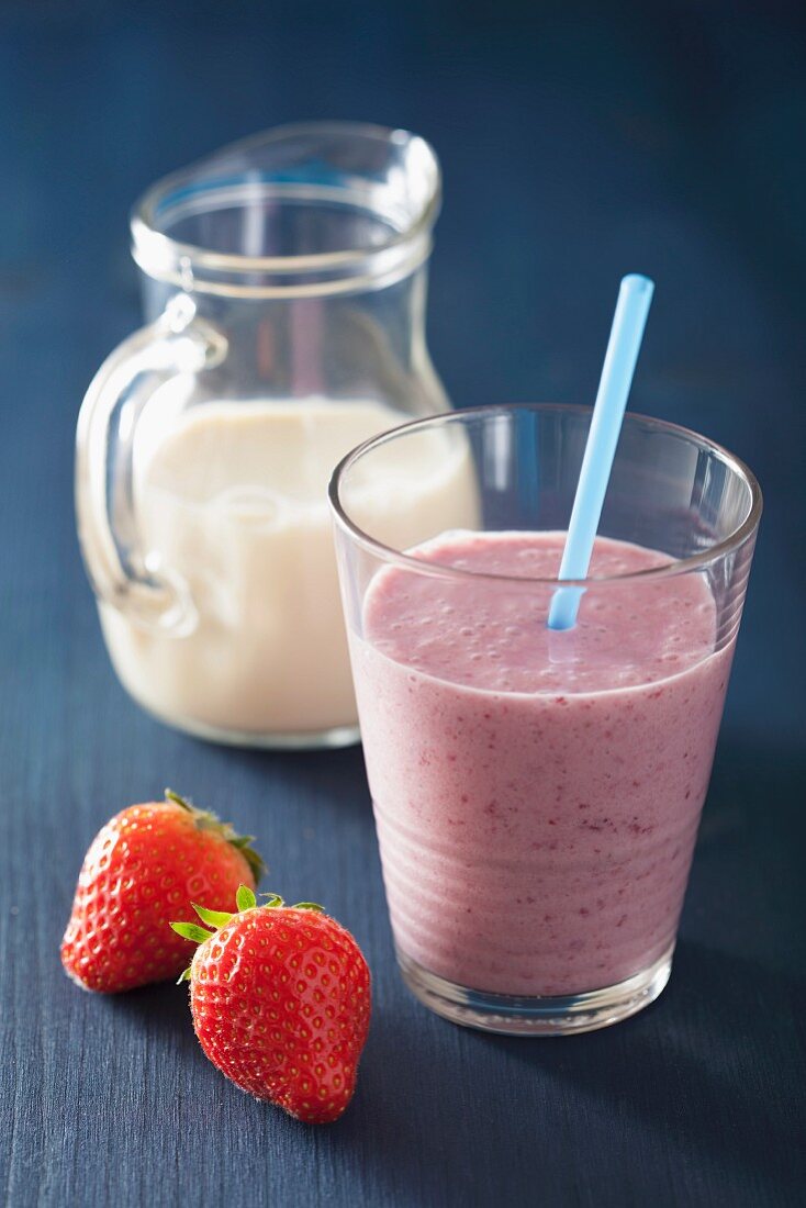 A vegan strawberry smoothie made with soy milk