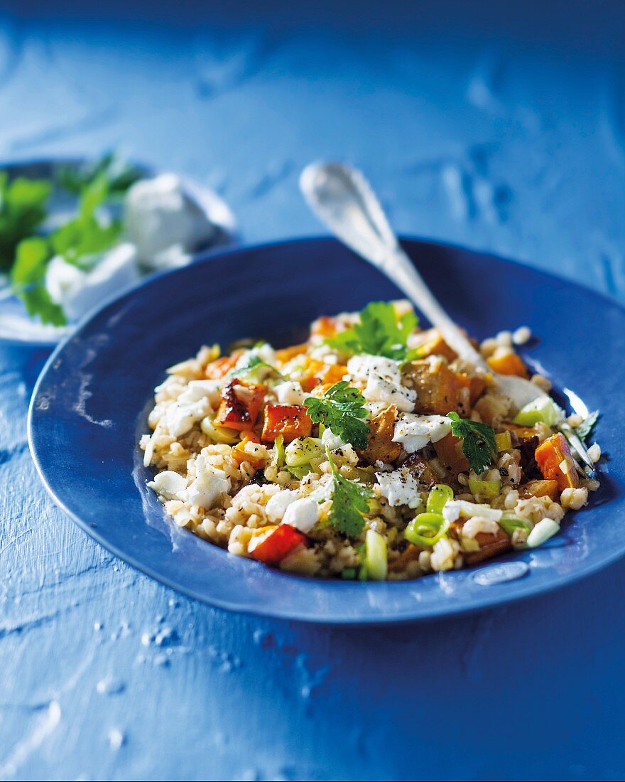 Leek risotto with barley, pumpkin and goat's cheese