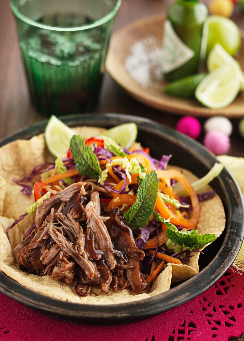 Tortilla with pulled pork and a vegetable salad
