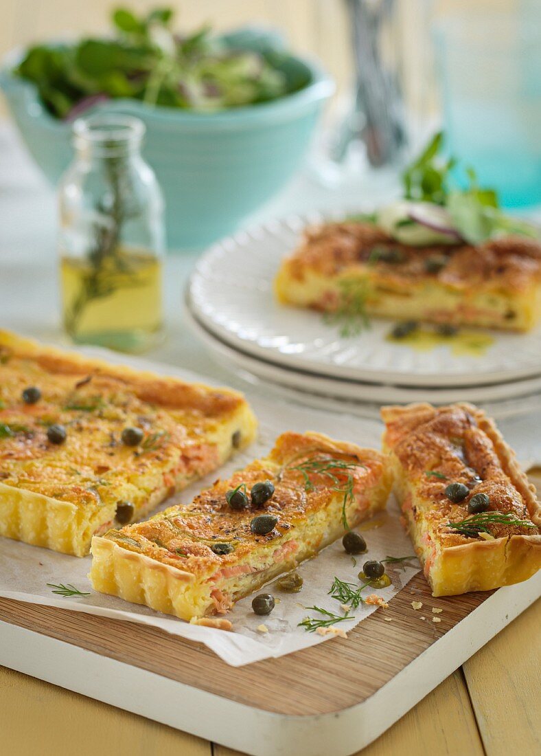 Salmon quiche with capers and dill