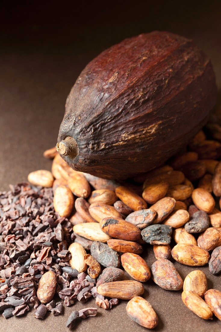 A cocoa fruit, whole cocoa beans and crushed cocoa beans