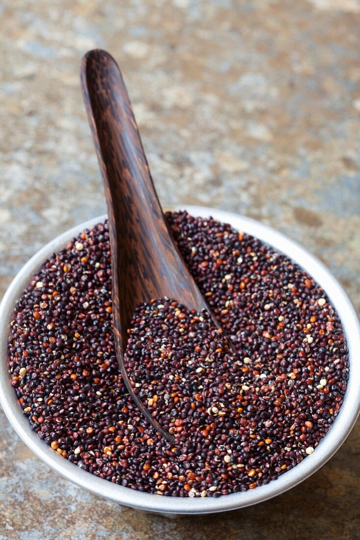 Black quinoa in a bowl with a spoon