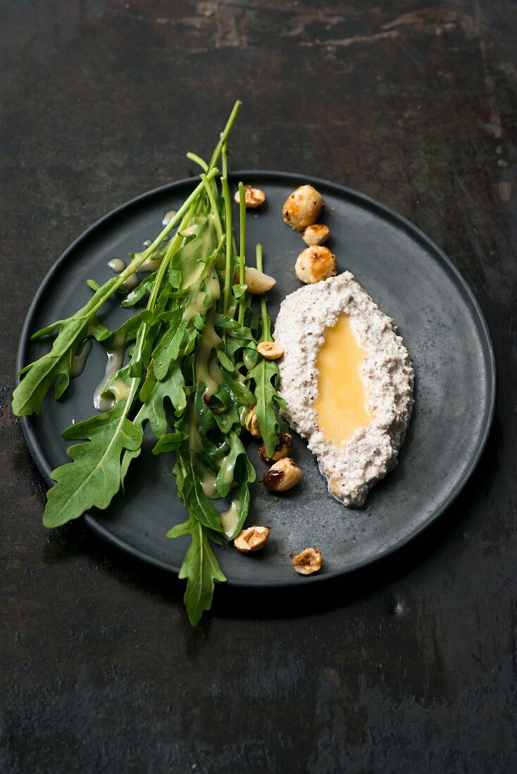 Cream cheese and hazelnut dip with rocket