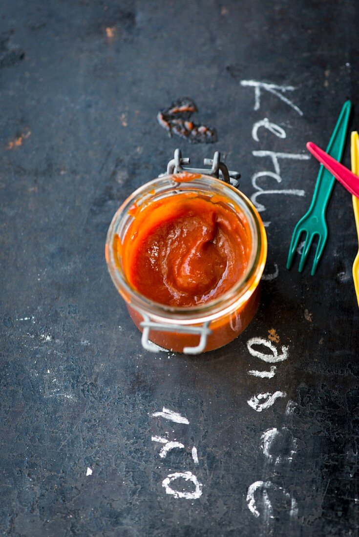 Homemade ketchup in a preserving jar