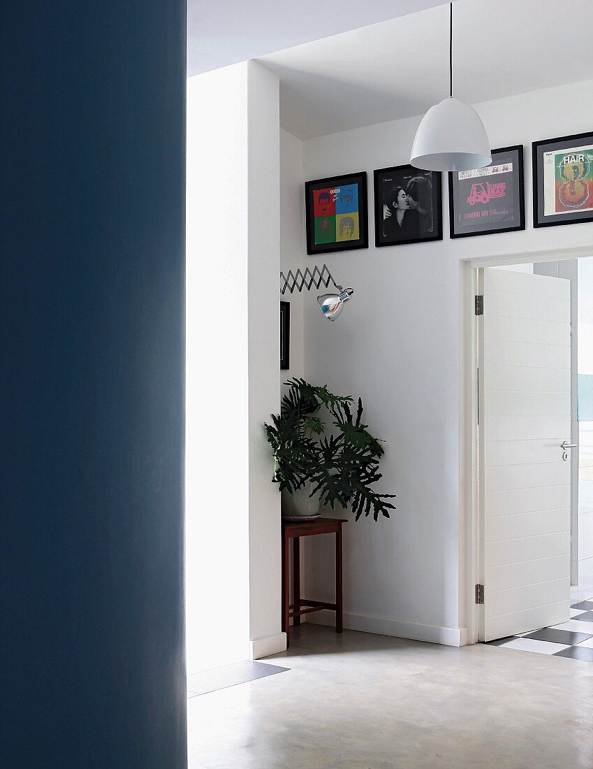 House plant on plant stand in niche next to open door below framed pictures