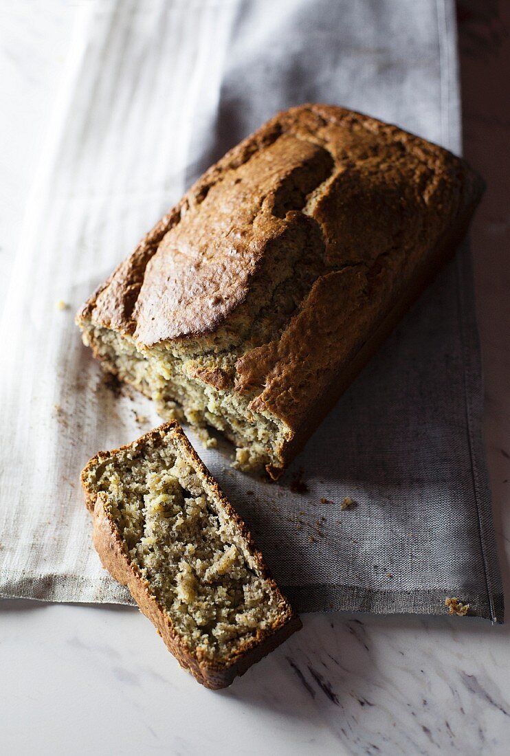 Banana bread, cut in half