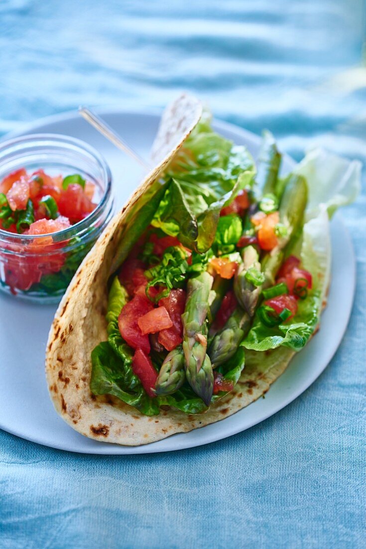 Tacos with asparagus and tomato salsa