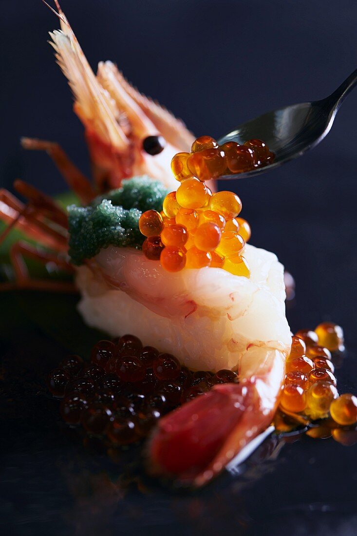 Nigiri-Sushi mit Garnele und Lachskaviar