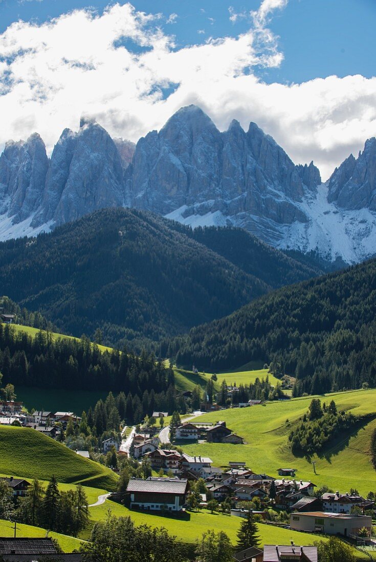The Geisler Mountains behind the town of Villnösstal, South Tyrol