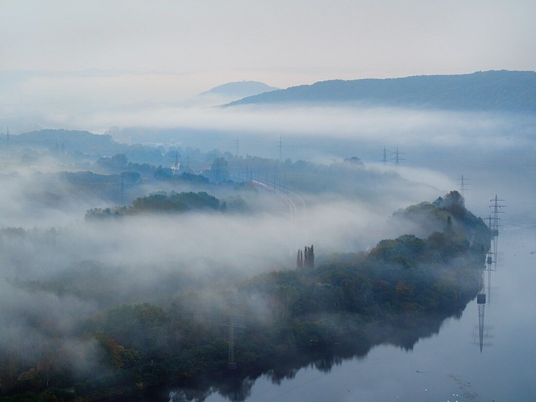 Fog patches near Hagen, a spooky view of the Ruhr valley