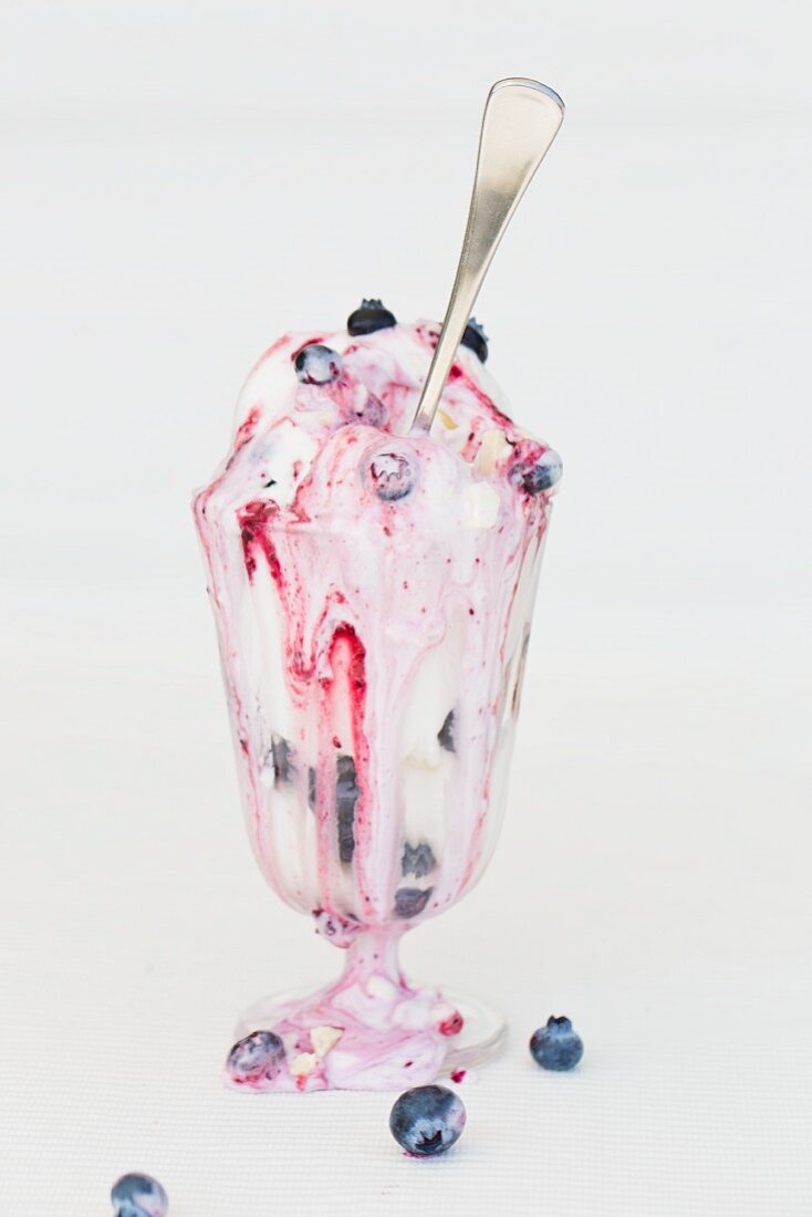 Melted frozen yoghurt with blueberries and white chocolate