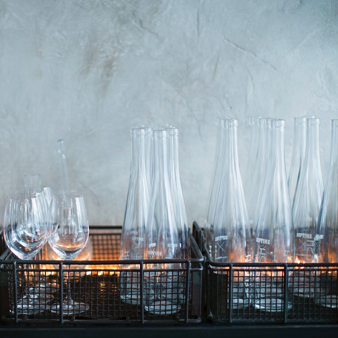 Carafes and wine glasses ready to be filled, restaurant 'Septime', Paris