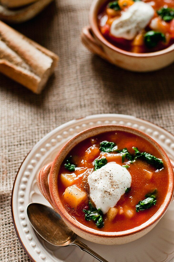 Hungarian goulash soup with spinach and crème fraîche