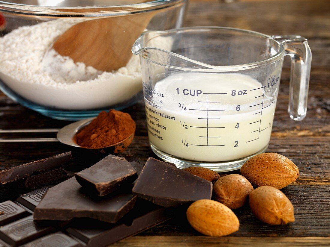Ingredients for chocolate and almond tart