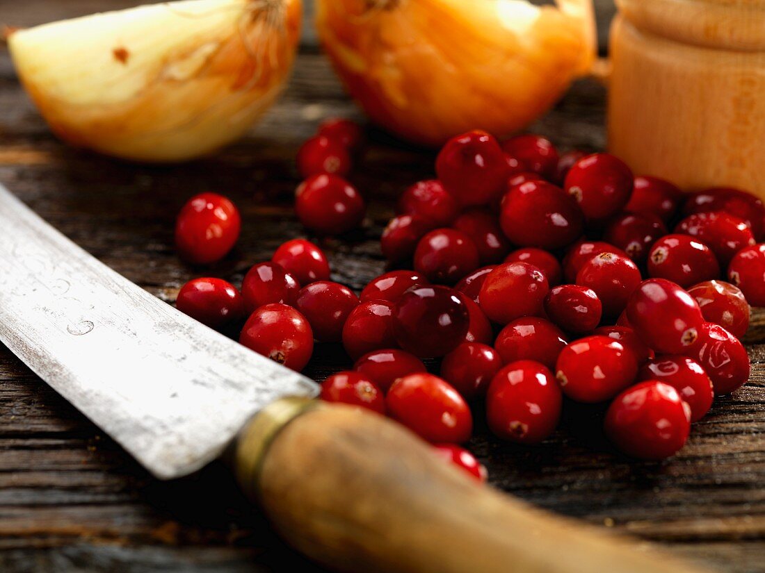 Cranberries, onions and an old knife