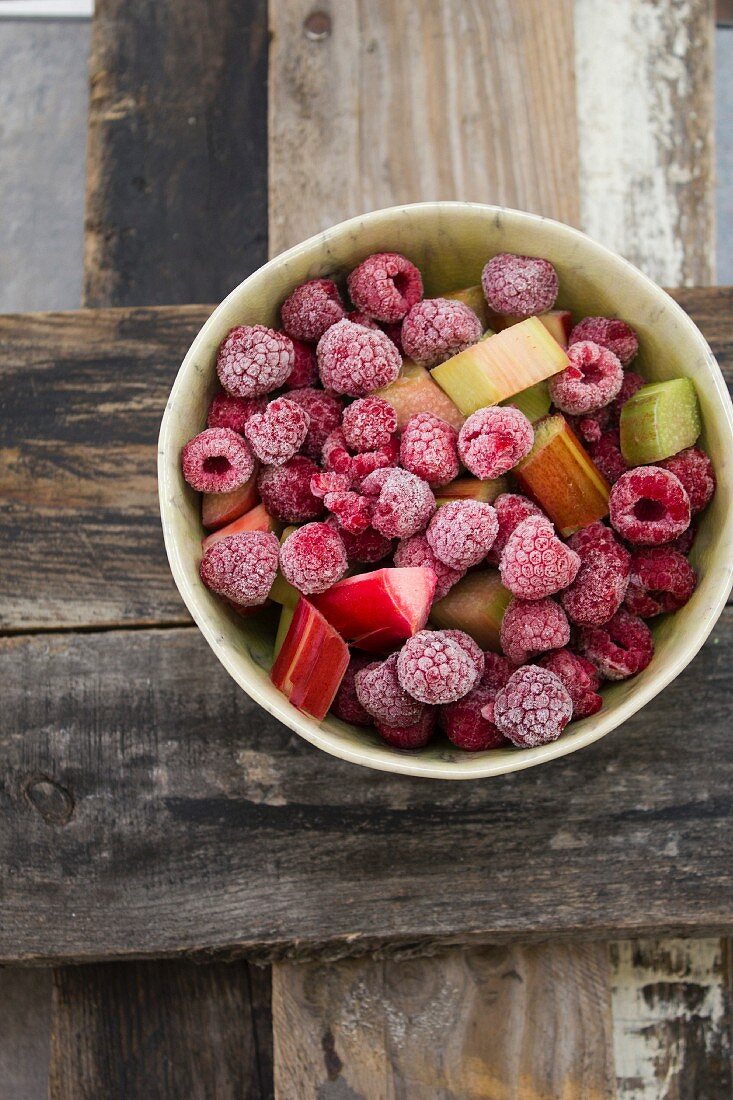 Frozen raspberries with rhubarb pieces