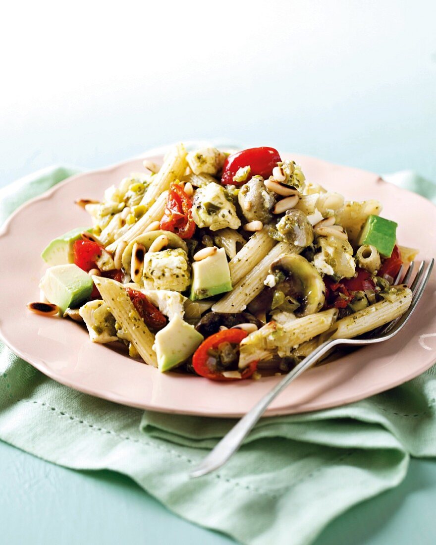 Penne pasta with peppadew peppers and avocado